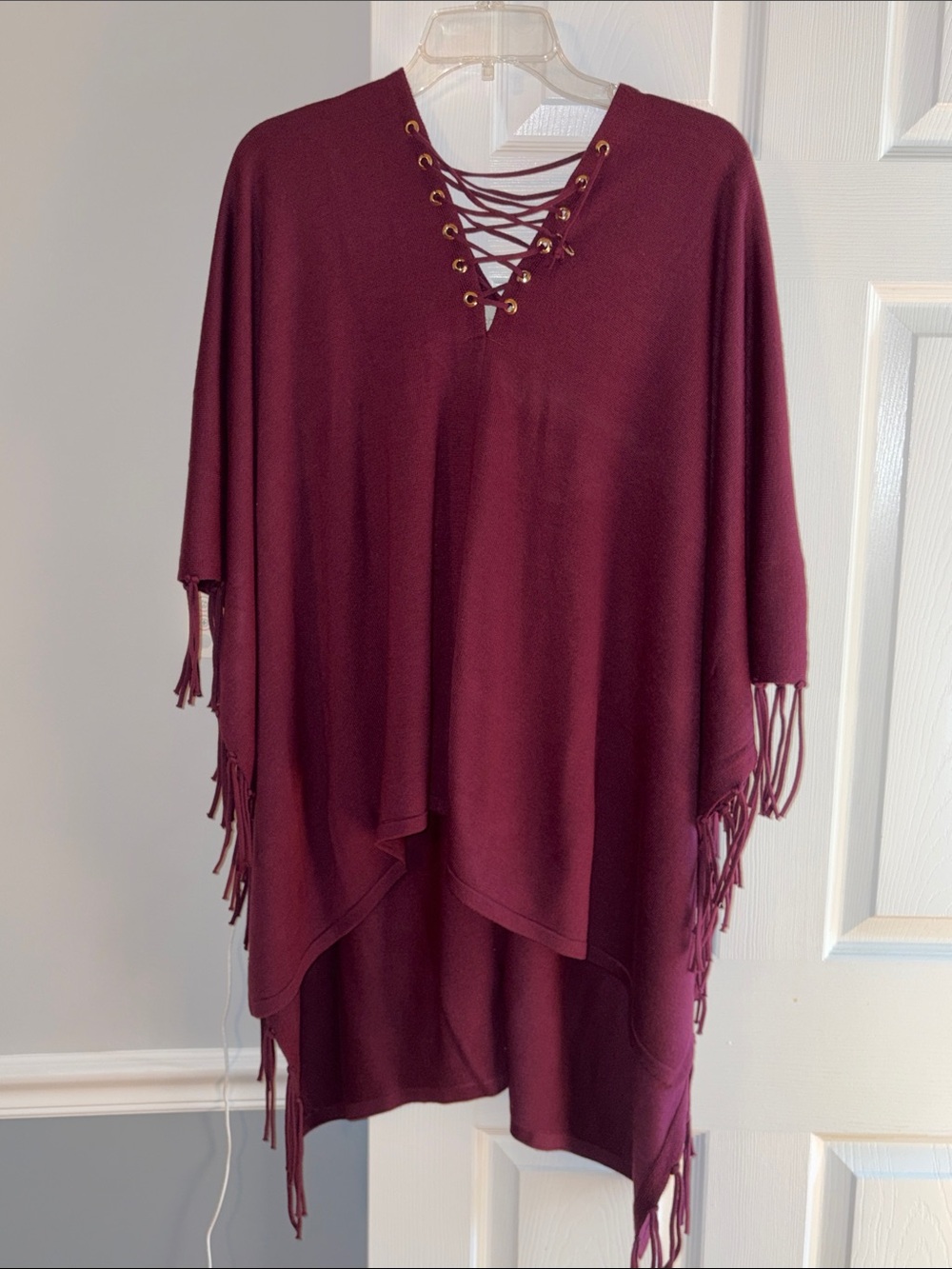Chico's Lace-Up Fringe Poncho - Wine/Burgundy